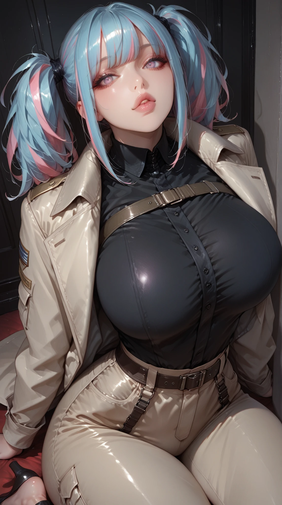 Ultra-realistic 8K CG,masterpiece,((Highly detailed background,Delicate pattern,Intricate details)),The best quality at its best,Very very very detailed face,Highly detailed eyesと顔,Highly detailed eyeitsuri kanroji,(Backwards、Looking back、sexyポーズ)Multicolored Hair,No bangs,Hair Intake,Purple Eye,amount,Black Shirt,Black pantsuit,Haori,button,band,Chibi,mostly cloudy null,Light of the sun,Tyndall effect,Slope_null,,Seductive posture,(Large Breasts),(Cleavage),(Off-the-shoulder outfit:1.3),(胸がnull洞:1.4),Open chest,(sexy:1.3),No nipples,