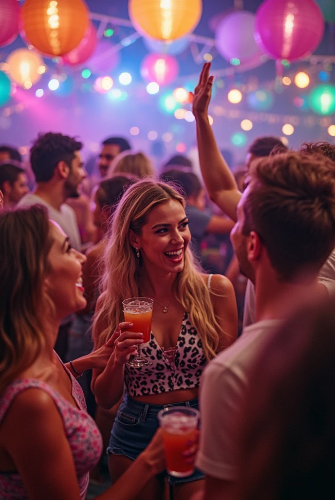 (8k、Fotografia RAW、qualidade superior、obra prima:1.2)、(realisitic、Fotorrealista:1.37)、(ultra-detalhada)、drinks de bebidas nortuna, com tons de leds azuis e rosa, people dancing in a gigantic venue with universe in the background, muito realismo com a natureza iluminado por neon futurista, Com Miami Vice Colors, Neon pink and blue drinks in beautiful night in the galaxy
