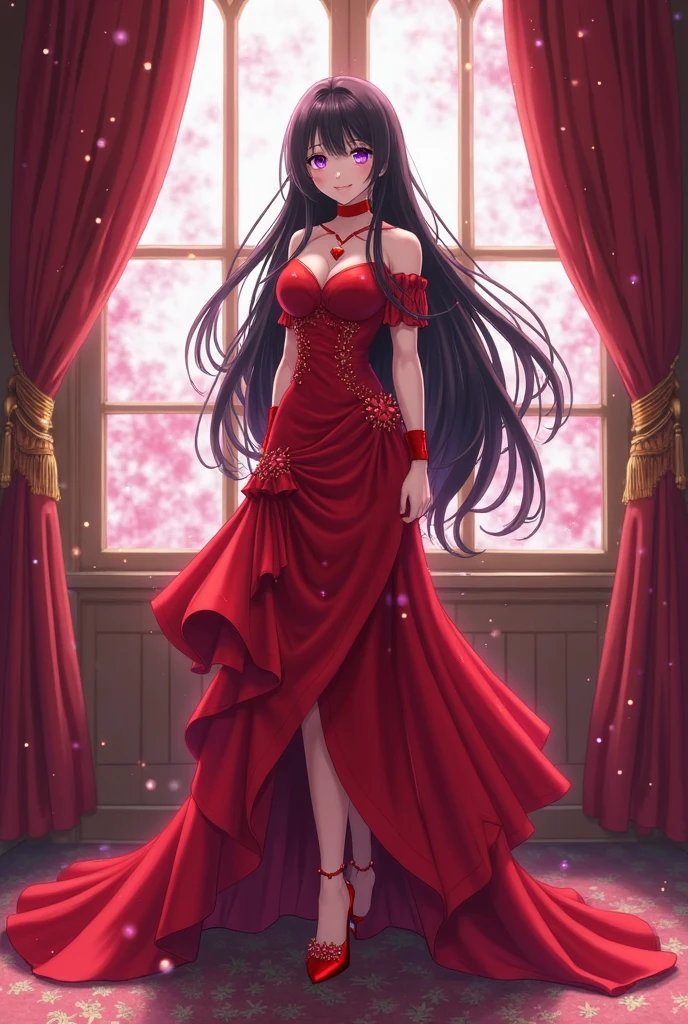there is a woman in a red dress standing on a ledge, rin tohsaka, wearing red sorcerers robes, (masterpiece, best quality, high resolution:1.4), 1girl, woman, embarrassed, looking at viewer, realistic, cleavage, ruffled red dress, hands hidden behind her back, golden necklace, detailed face with red eyes, dark long hair, no hat, flower hairpin