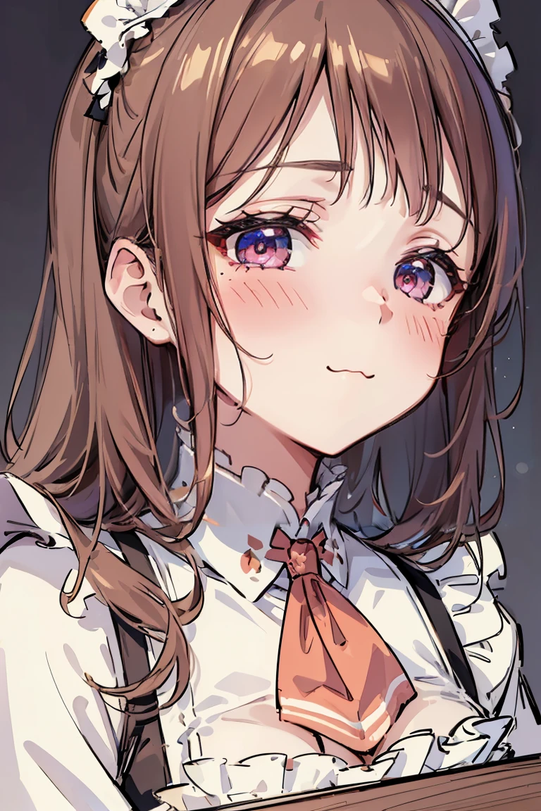 (1girl), masterpiece, best quality, super fine illustration, an extremely cute , highly detailed beautiful face, looking at viewer, 1girl, belt, closeup, looking at viewer, 4k, high res, ribbon, firis mistuld, blush, pov, twintail hair, white background, simple background, thick outline, purple eyes, (sleep), brown hair, love expression, ((brown hair)), (blood),