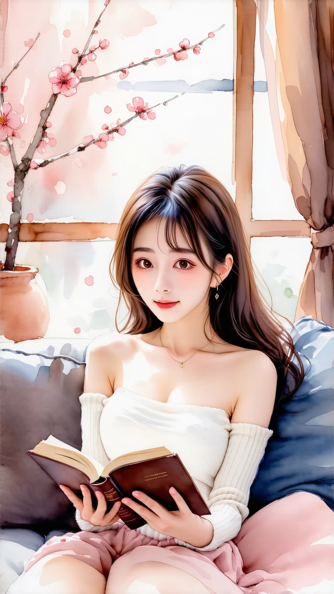 Top quality, watercolor, pastel, hand-drawn dream world, watercolor smudges, thick outlines, turn everyday life into a page of a picture book, beautiful girl with big breasts, lying on the sofa reading a book, outside the window is spring, cherry blossoms