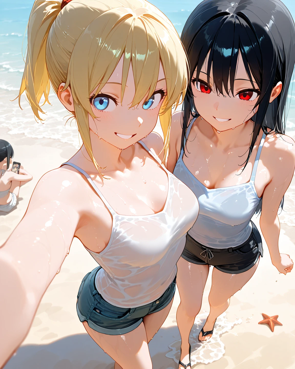 Realistic, 3 beautiful Japanese gals, Selfie, Face Enhancement, Face Zoom, Big smile, Long blonde hair, Wavy Hair, Dark Skin, Beach, bikini, Looking up from below