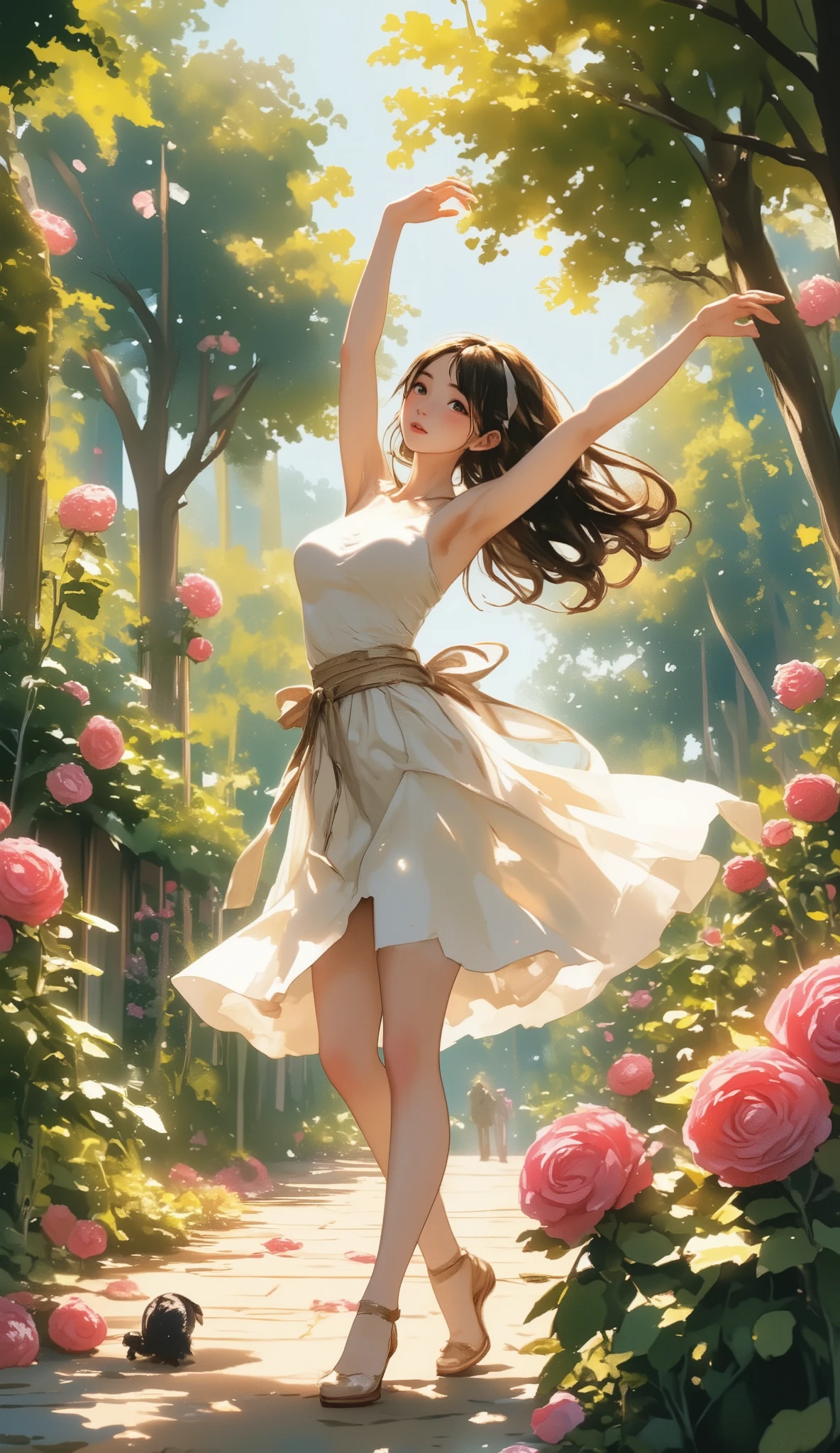 A pretty girl, 1 girl, doing exercises, in an exercise room, full body pictures, realistic anime version, fantasy, pretty face, long hair, flowers headband  -