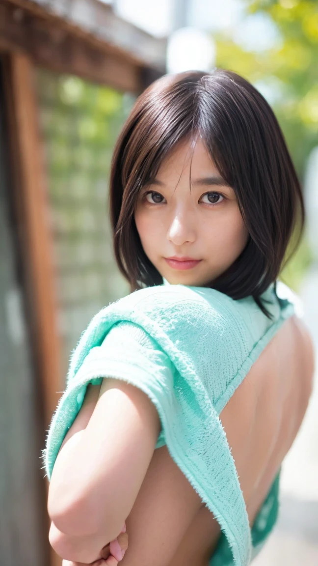 (Best quality, 8k, 32k, Masterpiece, UHD:1.2),Photo of Pretty Japanese woman,black short hair,beauty face,(leaning forward:1.3),squatting,(from above:1.2),(close up:1.4),pov,loose t-shirt,large breasts,(beautiful nipple slip:0.9),outdoors,windy,shiny skin,blurry background,