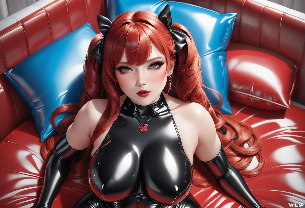 Super deformed fantasy dream girl huge tits, kissing lips, latex outfit, shiny latex, erotic outfit, ponytail hairstyle, long hair, long bangs, NSFW, hentai, perfect makeup, realistic face, detailed eyes, cybernetic eyes, cyborg girl, fembot, red hair, eyelashes, love me, spikes on nipples, pussy, bedroom, lying on bed, eyes at viewer, latex fetish,