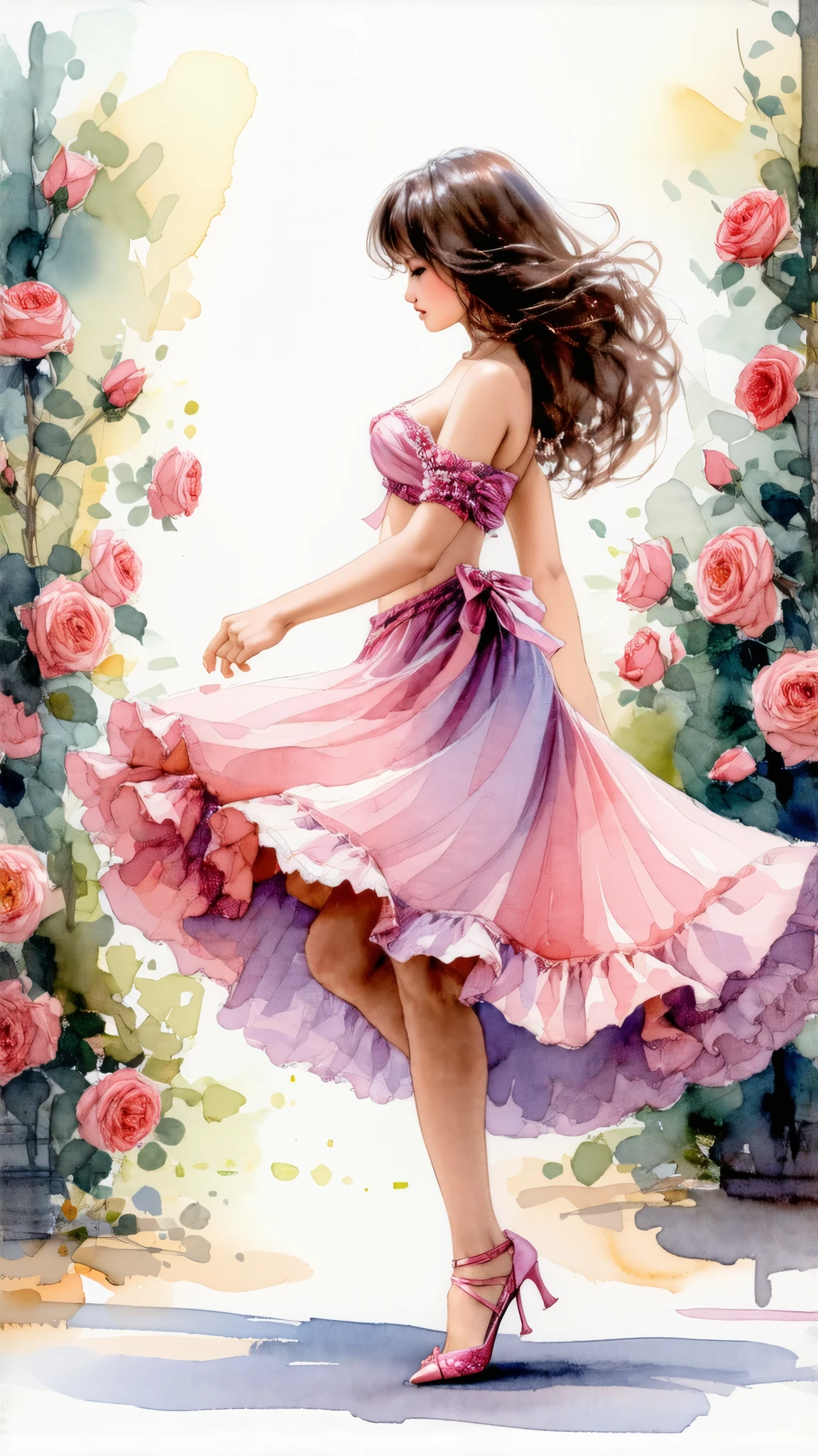 Top quality, watercolor, pastel, hand-drawn dream world, watercolor smudges, thick outlines, transforming everyday life into a page of a picture book, a beautiful girl with big breasts dancing in a rose garden