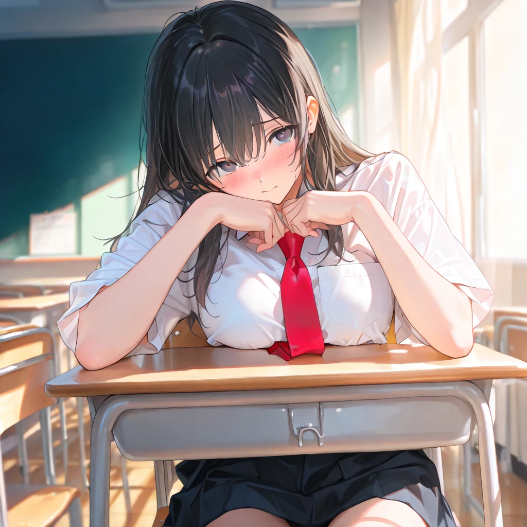 masterpiece, best quality, modern, lazy posture sitting on japanese school chair sleeping, wearing school uniform