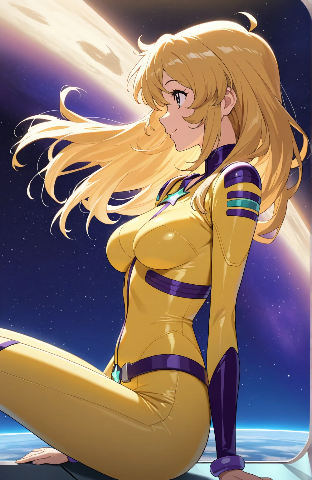 ((best quality)), ((masterpiece)), (detailed), 1 girl, Full body, 19 years old, Sad face, Blue eyes, Empty eyes, Star-shaped tiara, Arms forward, Eye mask, Blue superhero mask, Blonde hair, Straight hair, Long hair, Bangs, 2 star clips on the sides of the hair, Full body, Medium breasts, Slim body, Hands on knees, Hands forward, Yellow wristbands, Long purple gloves, Blue gloves, Superhero costume, Superheroes, Yellow leotard suit, With a big yellow star in the center, Star emblem, Something tight, Long yellow cape on waist, Red belt, Purple legs, Purple pantyhose, Blue boots, Legs forward, Looking down, Sitting on the moon, Space background, Anime