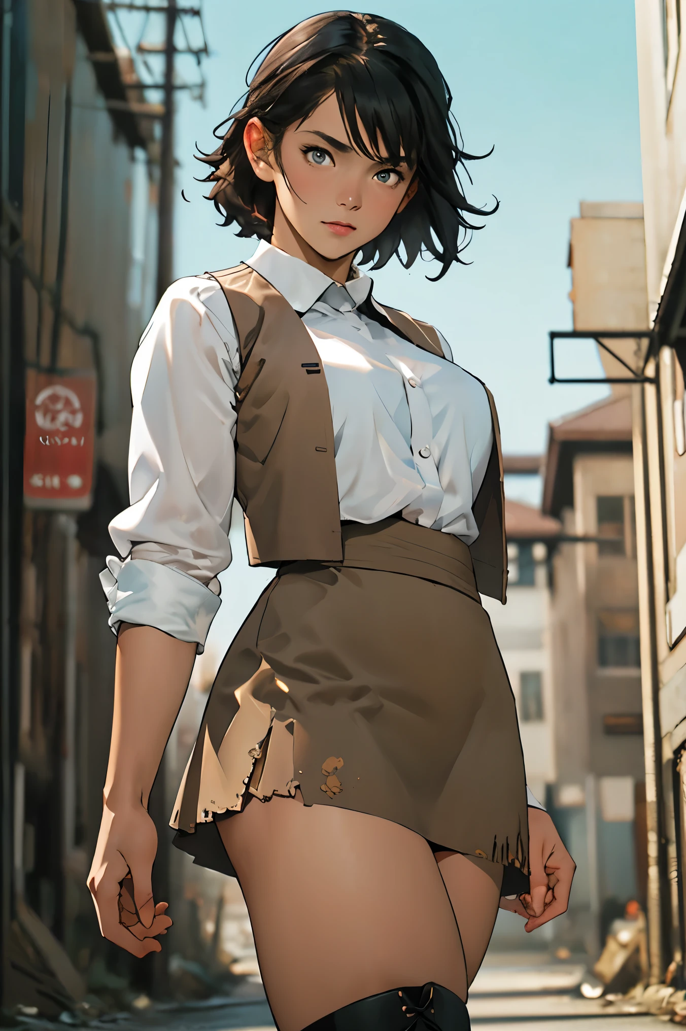 ((masterpiece , best quality ; 1 . 3)) , best quality , Beautiful Details , very detailed , Ultra-fine , 16k , exquisite , absurd , high resolution , beautiful background , Detailed Background , Beautiful Eyes , beautiful skin , Anime Style , Real Stick , very well detailed , very detailed , Detailed Laura , high resolution , detailed face , perfect face , fine grain , perfect eyes , expressive eyes , perfect anatomy , 1 girl , alone , seductive expression:0 . 9 , Annie , short hair , Fluttering Hair , black hair , iris , white shirt , brown vest , brown mini skirt , Big Breasts , Slim waist , white western boots , cowboy shot , battle preparation , (battle pose:1 . 1) , outdoor , Abandoned Factory , high kick , white panchilla