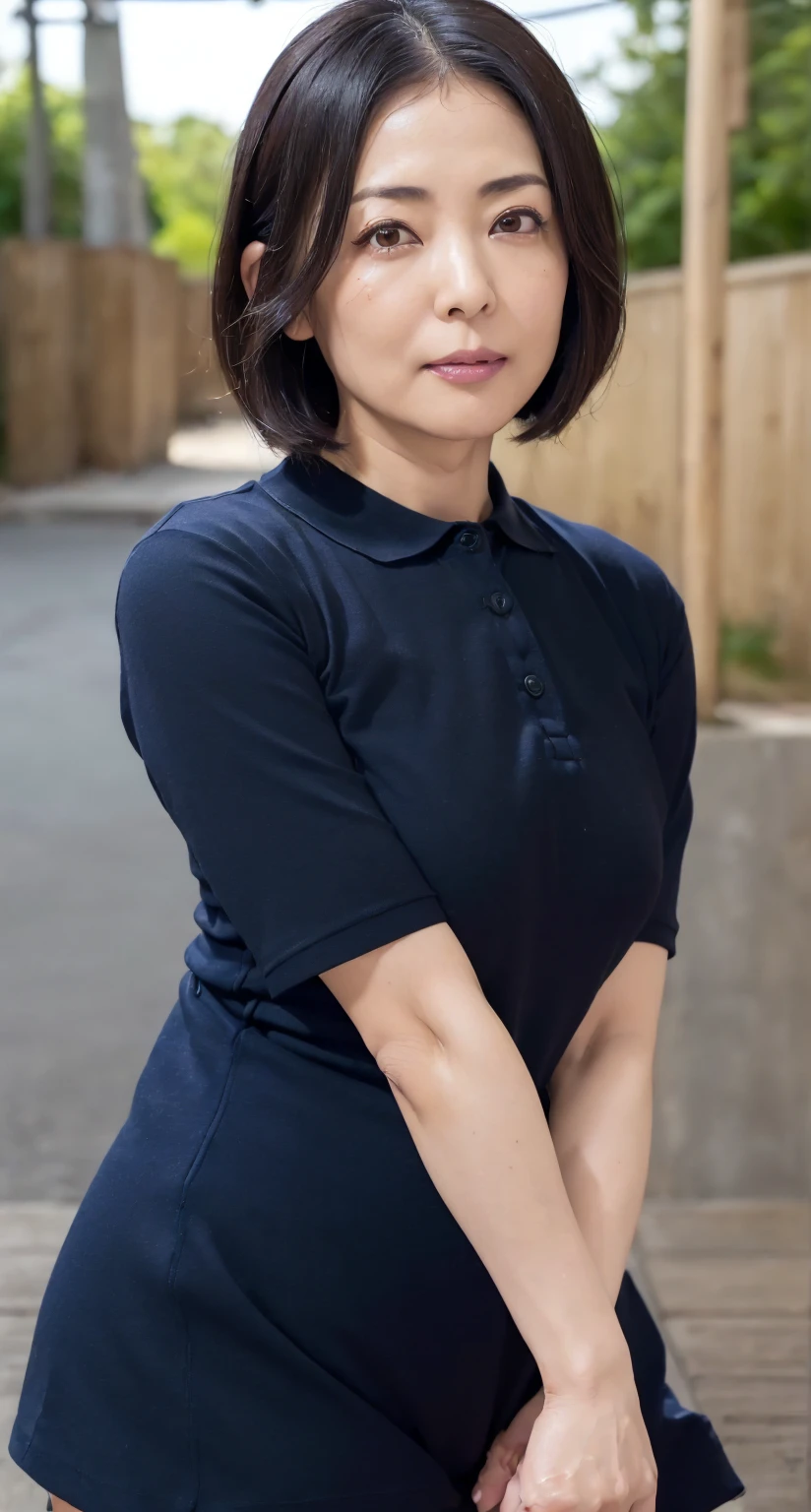sitting on a park bench, Wrinkles around the eyes, Smiling with teeth showing, Plain short-sleeved clothing, senior citizen, Draw lips correctly, Red lipstick, No discomfort, 16K, Highest quality, Very detailed, Realistic, Very detailed肌, Japanese, alone, 60 years old, Large Breasts, , Glamour, sexy, , Staring straight ahead,