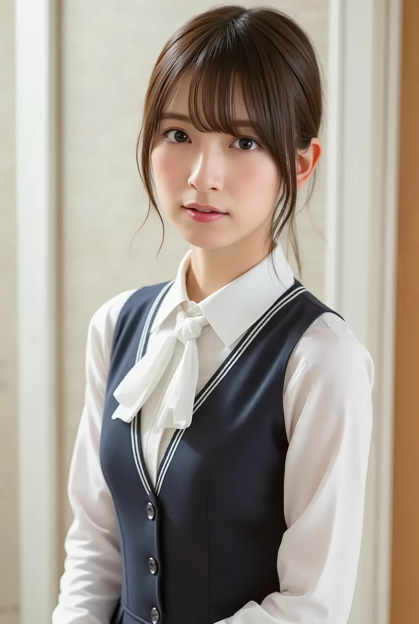 (( best quality)), (( masterpiece)), full body visible、 age 、Super slender beauty、delicate body、A uniform that looks like a high school、shortcuts、Beautiful woman half Japanese and German