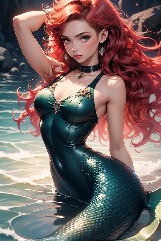 Best quality, masterpiece, super high resolution (fidelity: 1.2), 1 girl, long curly red hair, black eyes, delicate face, beautiful eyes, (mermaid: 1.3), tiara necklace, in water, background blur, Blunt Bangs, purple eyes