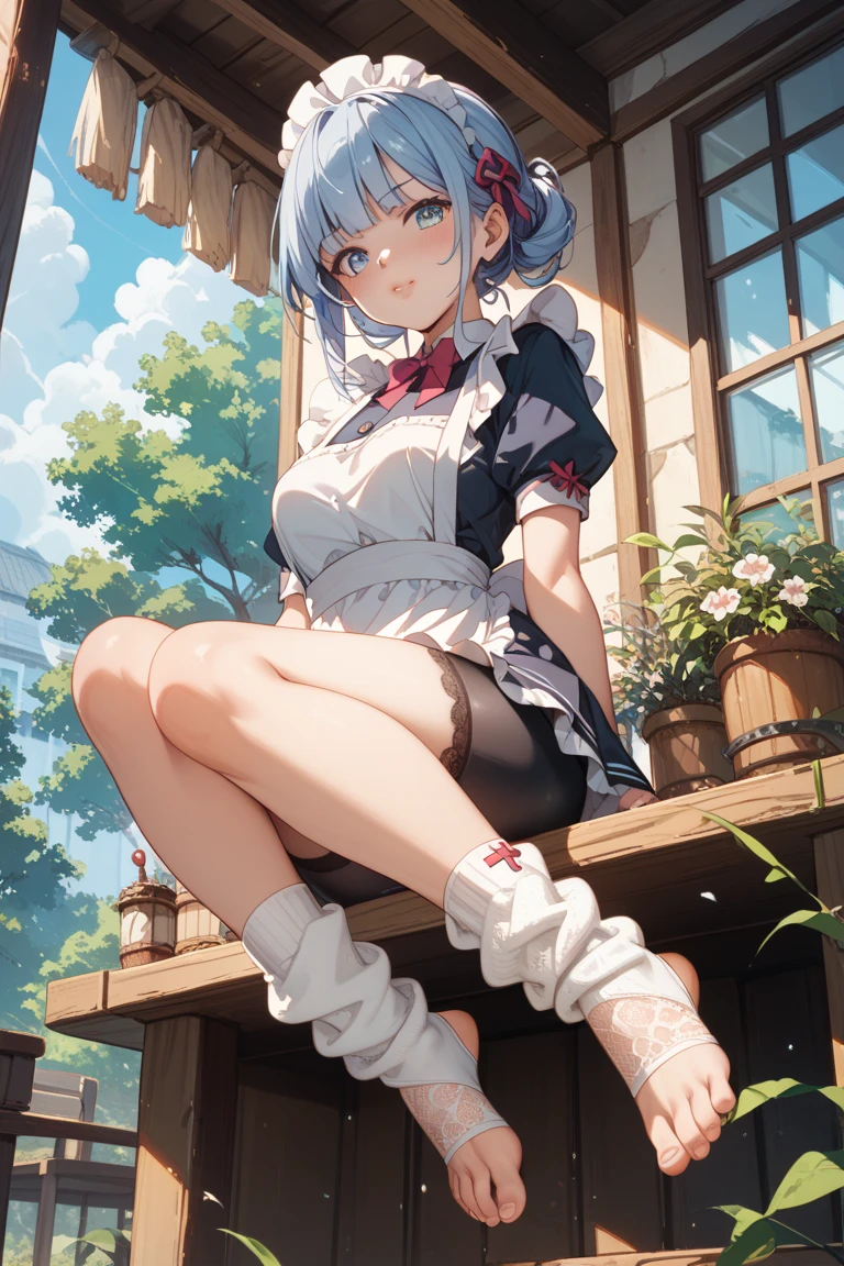 1womanl,Brown hair,Red ribbons ,((Surprised look)),Beautiful breasts,White shirt,Red dress,well-styled,,(Facing the front)(((Blushing cheeks、embarassed expression)),(((The skirt is rolled up by the wind)))、Blue-haired、Long bob cut、Rem of Rezero、No panties、No panties、No bra