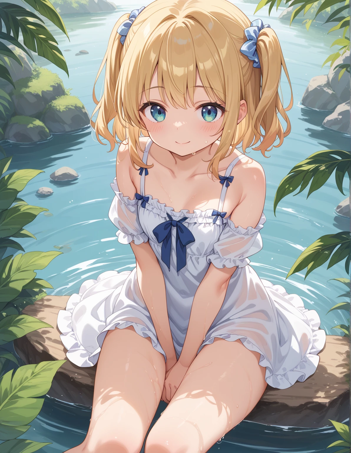 little_girl,cute__, sexy, diabellze, blue eyes, blonde hair, purple hair, multicolored hair, transparent dress, legs open with hands down