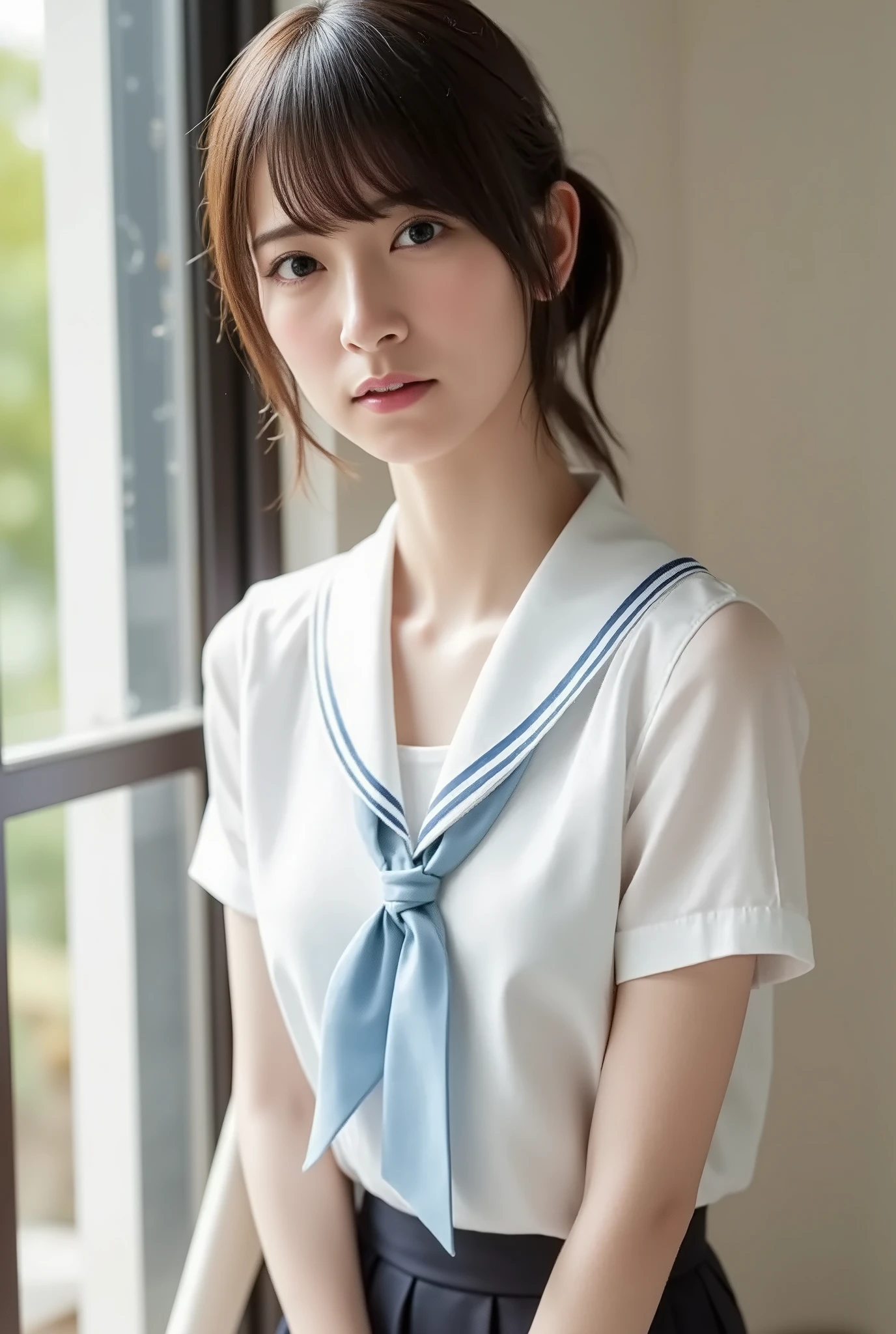 (( best quality)), (( masterpiece)), full body visible、 age 、Super slender beauty、delicate body、A uniform that looks like a high school、shortcuts、Beautiful woman half Japanese and German