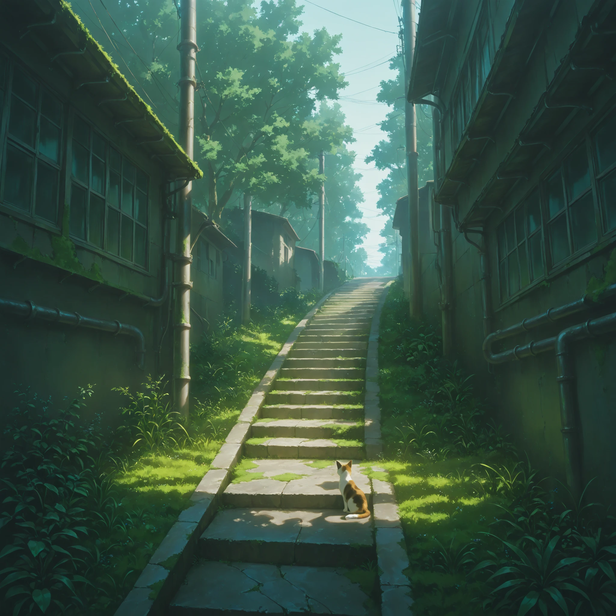 masterpiece, best quality, good quality, PEAnimeBG, Background, anime, scenery, safe, building, day, grass, industrial pipe, moss, outdoors, path, power lines, stairs, tree, cat