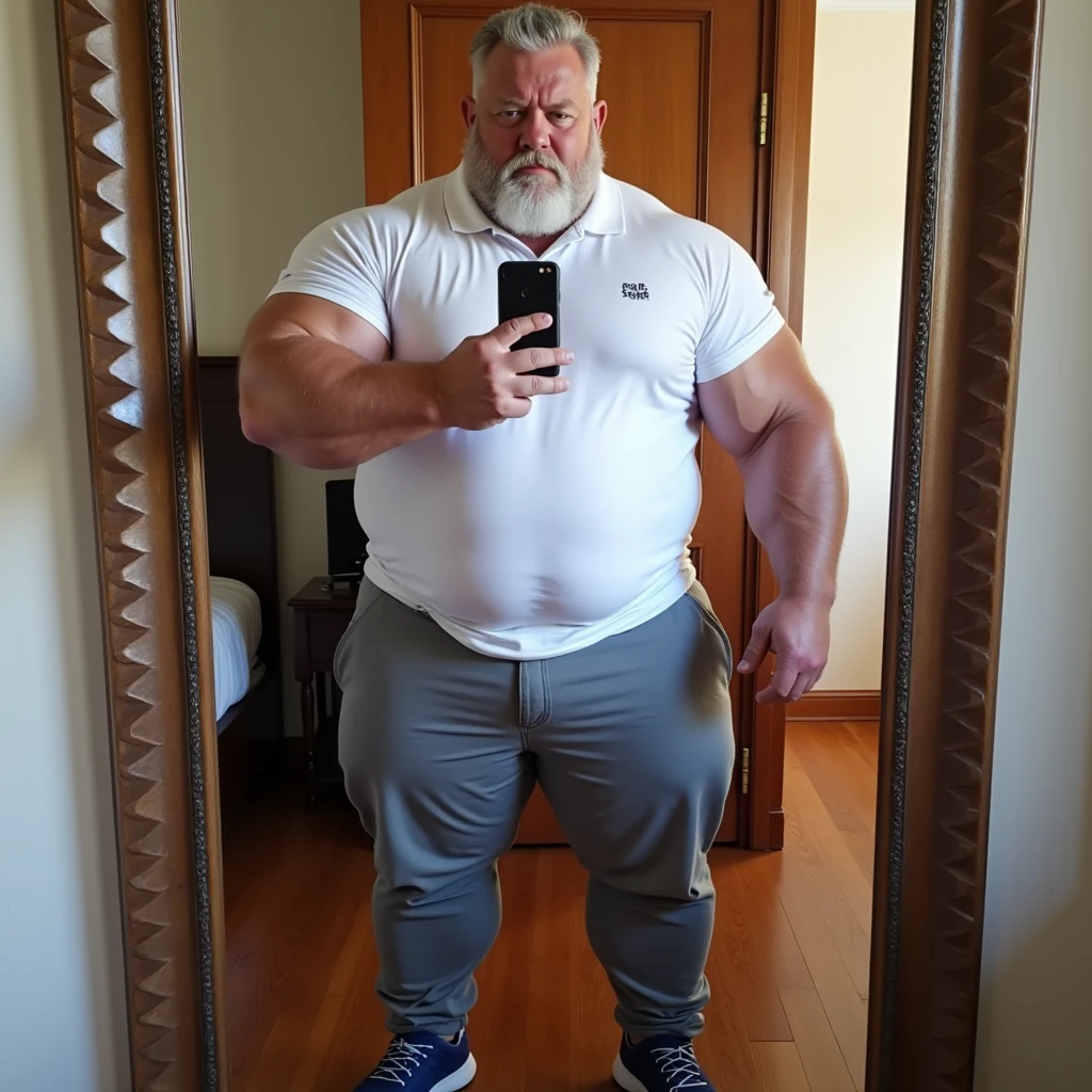 full body portrait, mature old man, silverdad, grandpa, virile, tough, stocky, fat, massive feet, (hairy), micro thong, penis bulge, barefoot, standing, intricate details