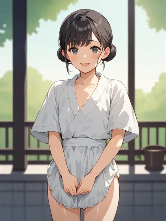 masterpiece, best quality, girls group shot, 10yo, (petite), cowboy shot, from above,
grin, standing, small breasts, naked yukata, open clothes, pussy, alley,