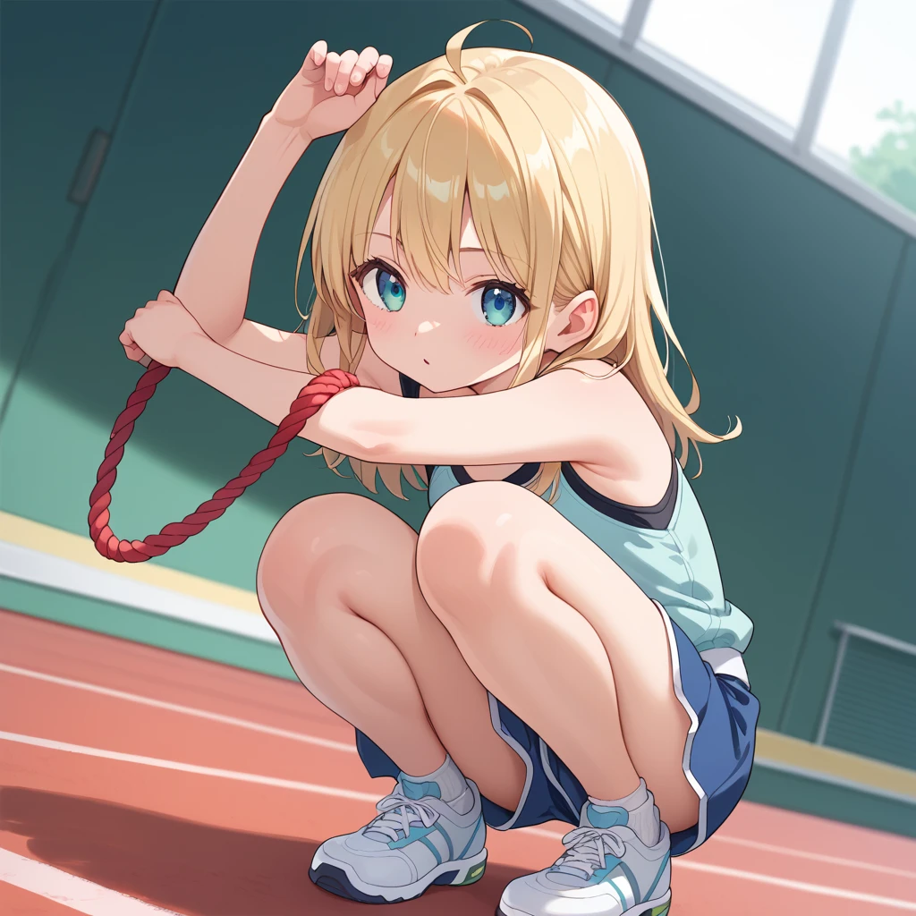 masterpiece, best quality, 1girl, chibi, climbing wall, blonde, blue eyes, crying, surprised, torn shorts, nude ass, (ass chewed by grey wolf)