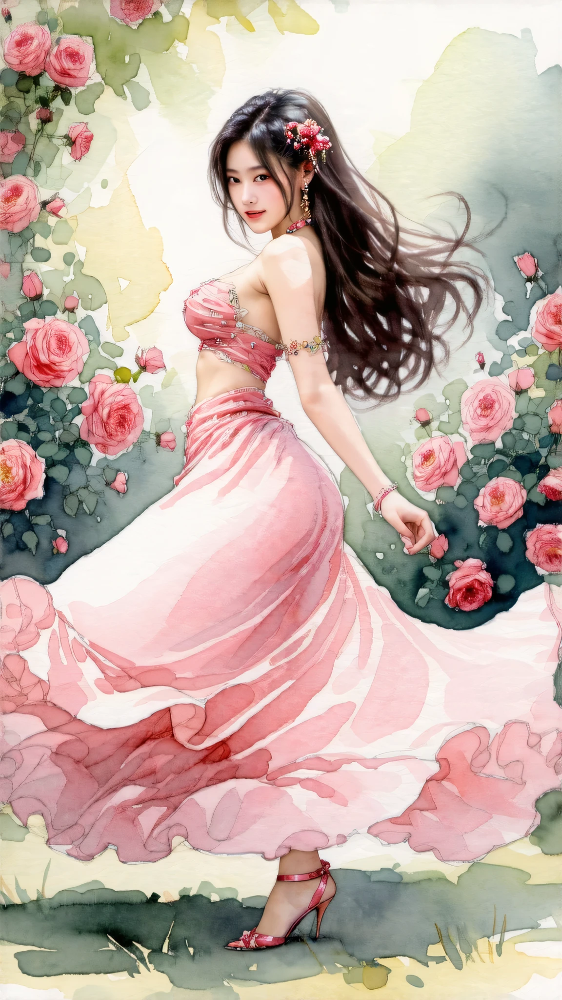 Top quality, watercolor, pastel, hand-drawn dream world, watercolor smudges, thick outlines, transforming everyday life into a page of a picture book, an erotic asian lady with big breasts dancing in a rose garden