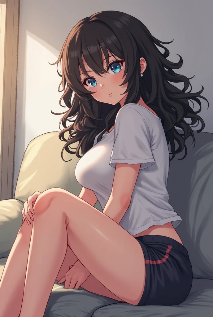 2d, Superb, (Masterpiece), (Full length), (Shiny amber hair:1.6),  (Wavy medium hair:1.6),(fluffy hair:1.3),  (Brown beautiful girl), (Healthy dark skin), (Sunburn mark), clavicle, (Denim hot pants:1.3), (White short sleeve see-through top), White camisole，JK,Slender figure ,Glamorous Bare Feet, Beautiful shiny legs,, Brown Eyes, Attractive thighs, Medium chest, bedroom, On the bed, Light from the window, Sexy expression, Sweaty, Wet Hair, Drops from hair,Put your hands on your chest, Breathless, Bold pose、