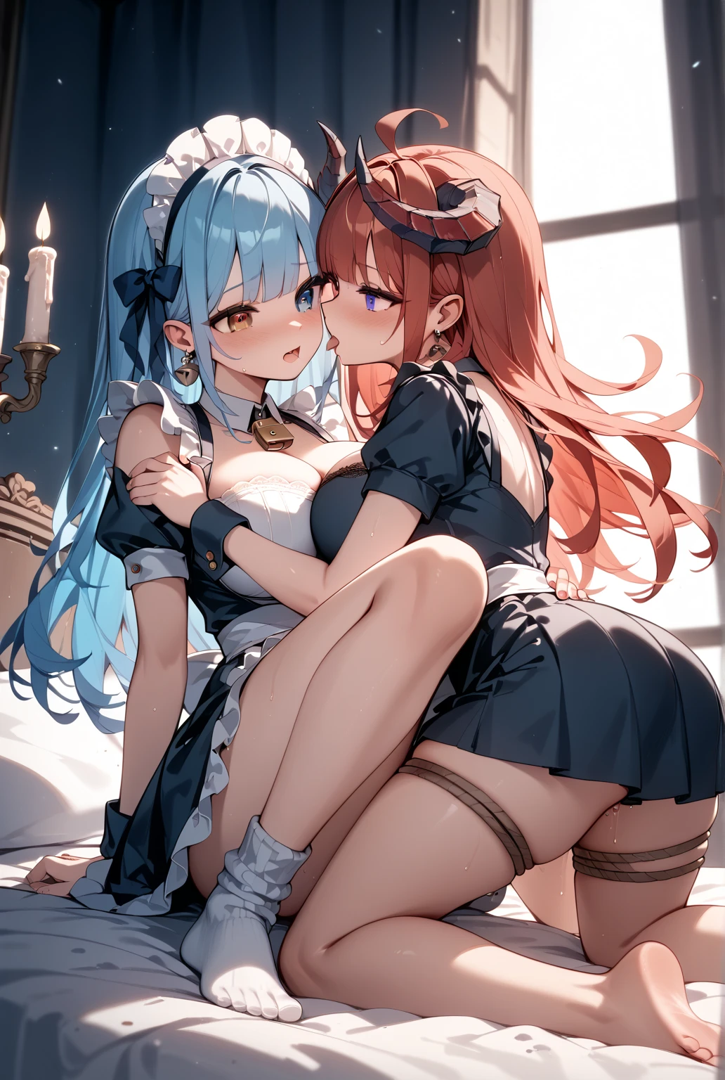 binding,Cocked buttocks,Bend over and back to each other,Black panty,Long hair sticking out of the tongue