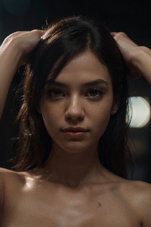 Sweating woman showing her sweaty armpits But much more but more until her clothes are transparent but as if she had no clothes