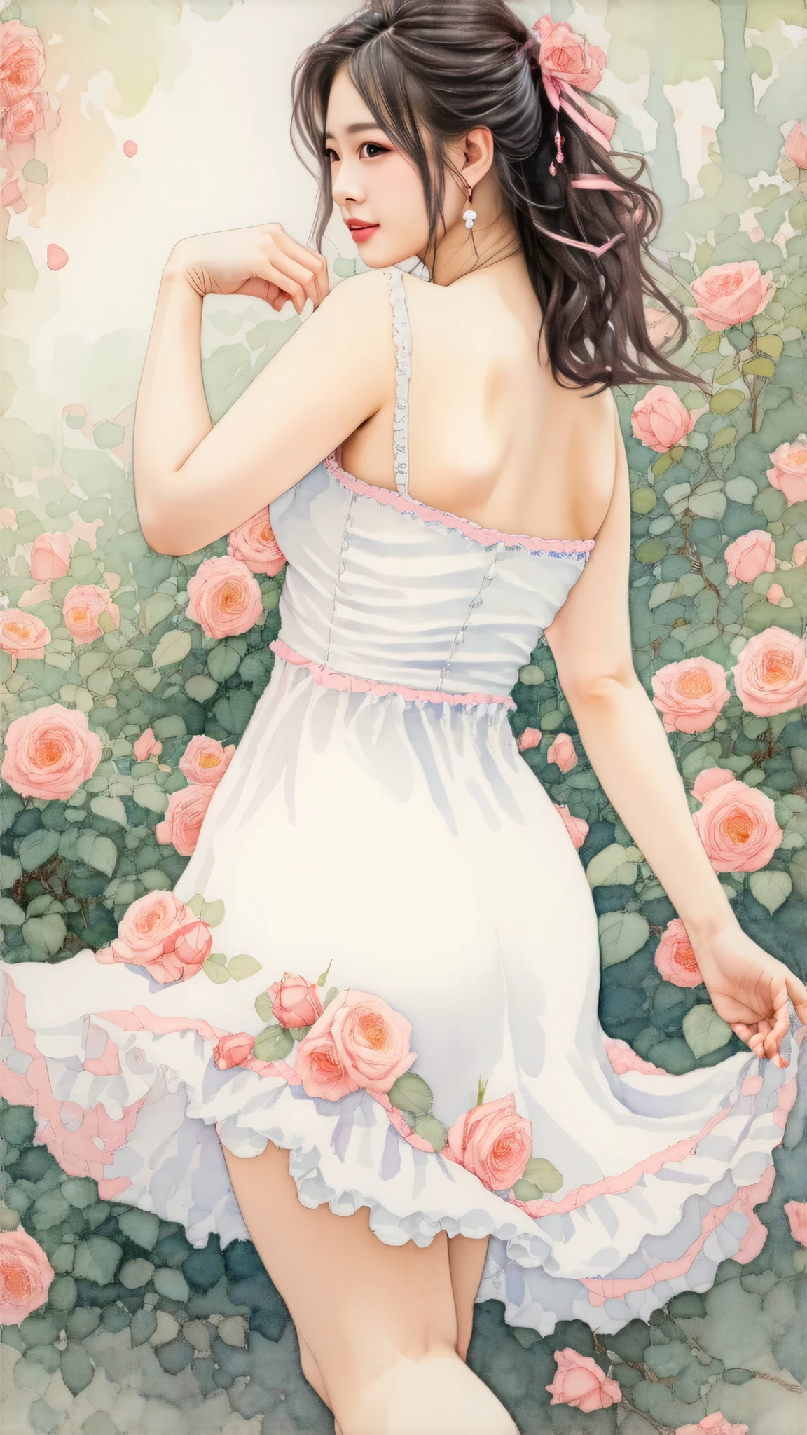 Top quality, watercolor, pastel, hand-drawn dream world, watercolor smudges, thick outlines, transforming everyday life into a page of a picture book, an erotic asian lady with big breasts dancing in a rose garden