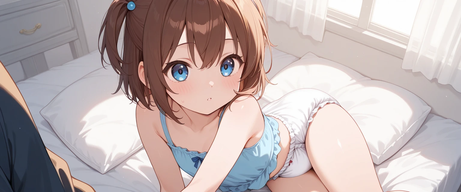 1girl,solo,,smile,6yo,flat chest
aamanaka,brown_hair,long_hair,blue_eyes,scrunchie,bra,panties,socks,on bed,white thighhighs,(nsfw)
