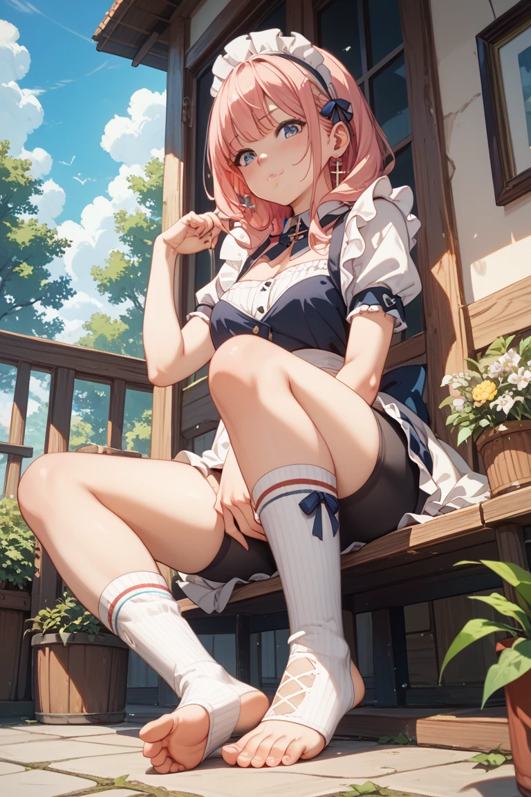 (1 girl),(Best Picture Quality, 8K, Masterpiece:1.3), (high school student:1.5), ((pink lob hair:1.1)), (bob cut),(swept bangs), (cute eyes, pupil black, iris skyblue, youthful face), (mole under right eye), (standard weight), (small breasts), (glistening skin:1.1),(pale skin:1.2),((foot up)),((sleeveless shirt)),(Smile),(sweat),((fog skin:1.1)),(dynamic pose),(from below).