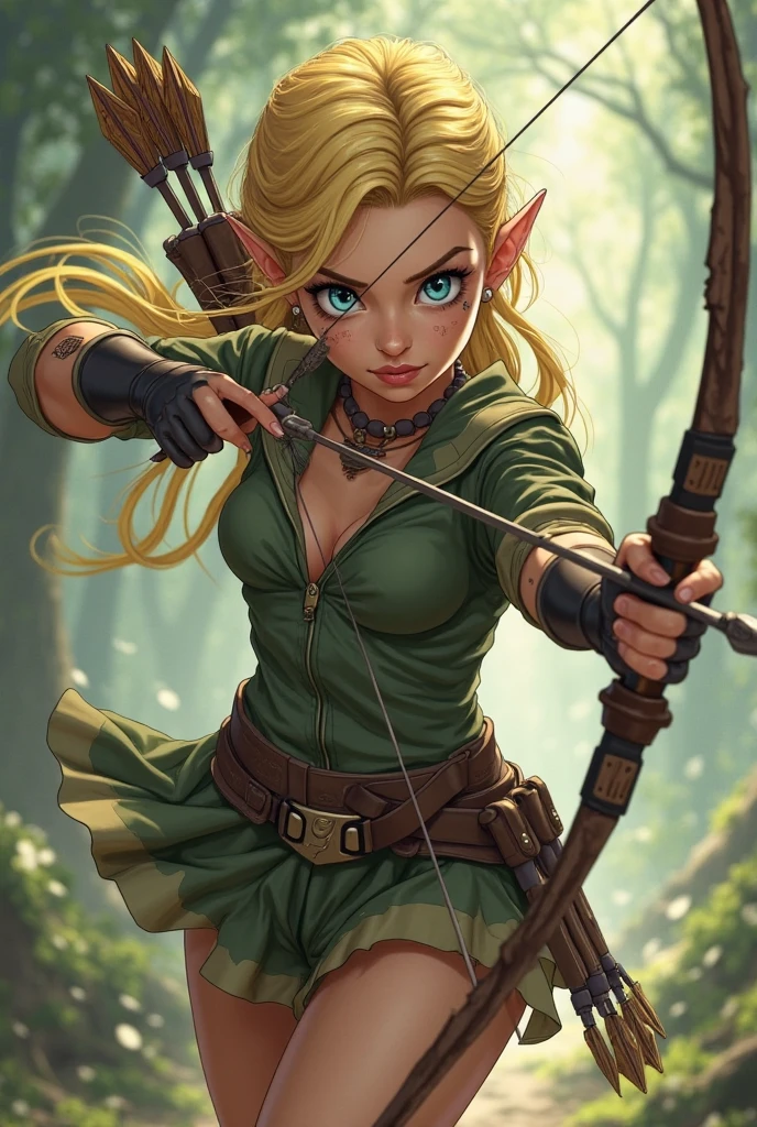 cute young archer girl, blonde volume pony hair, Side parted bangs, centaur, busty, cleavage, wearing brown lether jacket, white blouse with frill, prepare bow and arrow, at fantasy mountain, battle scene, many goblins atack