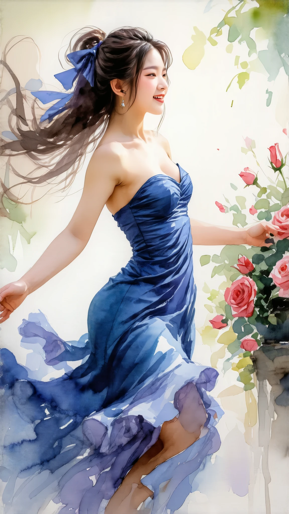 Top quality, watercolor, pastel, hand-drawn dream world, watercolor smudges, thick outlines, transforming everyday life into a page of a picture book, an erotic asian lady with big breasts dancing in a rose garden