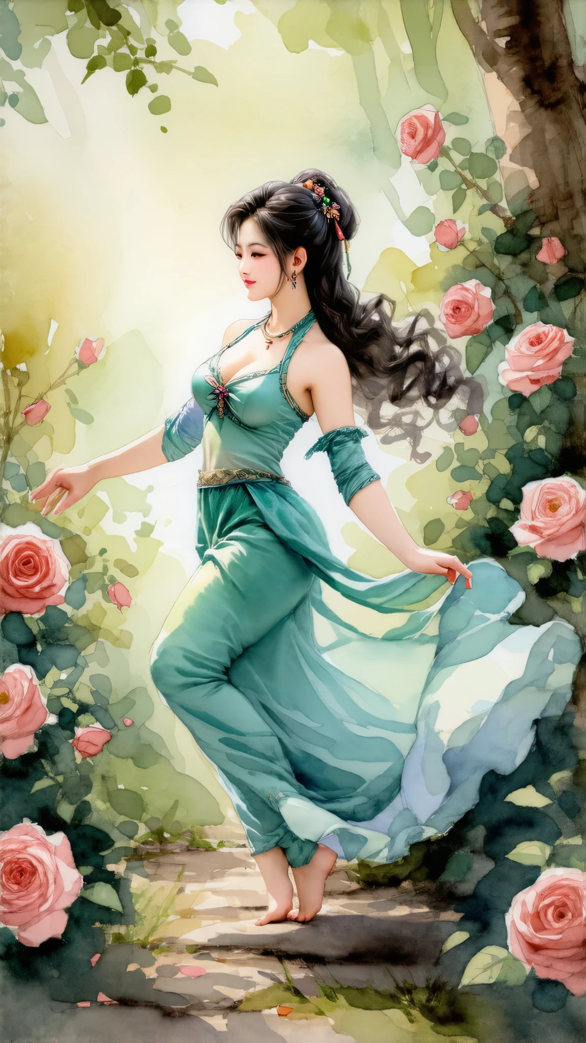 Top quality, watercolor, pastel, hand-drawn dream world, watercolor smudges, thick outlines, transforming everyday life into a page of a picture book, an erotic asian lady with big breasts dancing in a rose garden