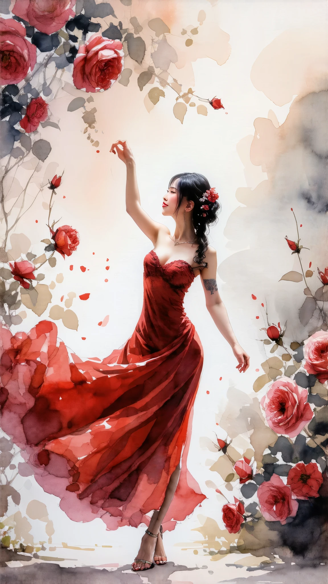 Top quality, watercolor, pastel, hand-drawn dream world, watercolor smudges, thick outlines, transforming everyday life into a page of a picture book, an erotic asian lady with big breasts dancing in a rose garden