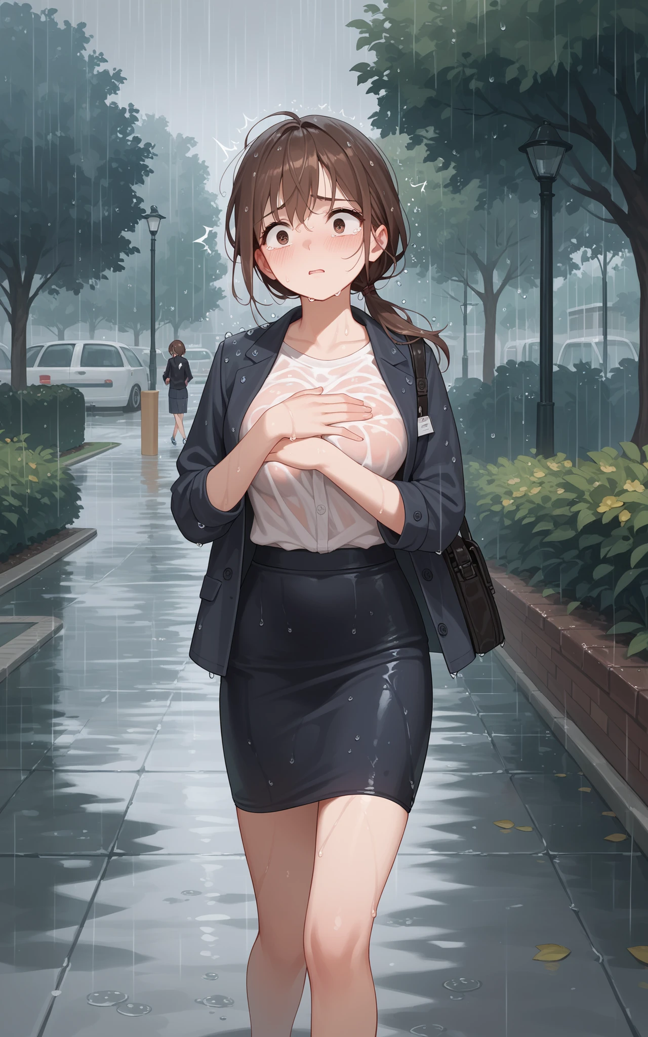 nude, female, rainy day, wet Businessshirt, covering chest, cry, sad, sobbing, anime, park, running, Business Jacket, slacks, fear, surprise, wet tight skirt, brown hair, low ponytail