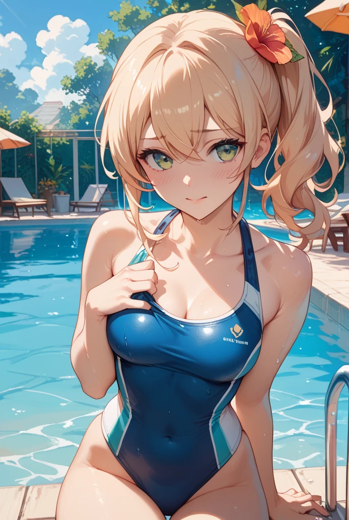 best quality, masterpiece, ultra high res, (photorealistic:1.4), RAW photo, Intricate details, ((Perfect Anatomy)), Big beautiful eyes, Perfect contours, masterpiece, One girl, ((high school girl)), Shortcuts, Medium chest, (one piece, turtleneck,No sleeve), Transparent and clear metallic green swimsuit, tight high leg swimsuit, Portrait, ((Face close up)), Looking at the viewer from the front, Outdoor swimming pool, Partially submerged, Wet Skin, Smile, (armpit), Hands do not hold anything