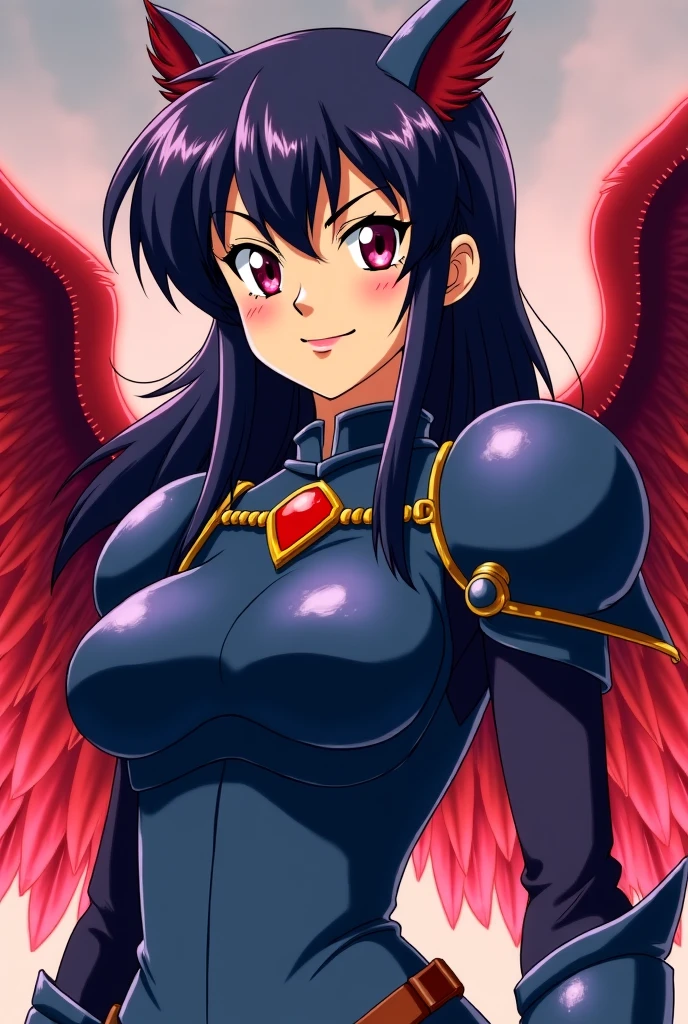 "(masterpiece:1.1), best quality,
1girl, (80s anime style:1.4), (eyelashes:1.5),
(intricate high detailed body:1.2),
black hair,
(forehead:1.2), (medium hair, two side up:1.1),
blue eyes,
(dark skin:1.4), (muscular body:1.2), (huge breasts:1.1),
shy,
(string body suit armor, navel cutout, tattoo:1.2), (pantyhose:1.1),
(spiked knight armor, armored boots, capelet:1.2), (ribbon:1.1), (accessories:1.1), collar,
standing, claw pose,
(upper body, looking at viewer:1.1),
(daytime, grassland, outdoors:1.1)"