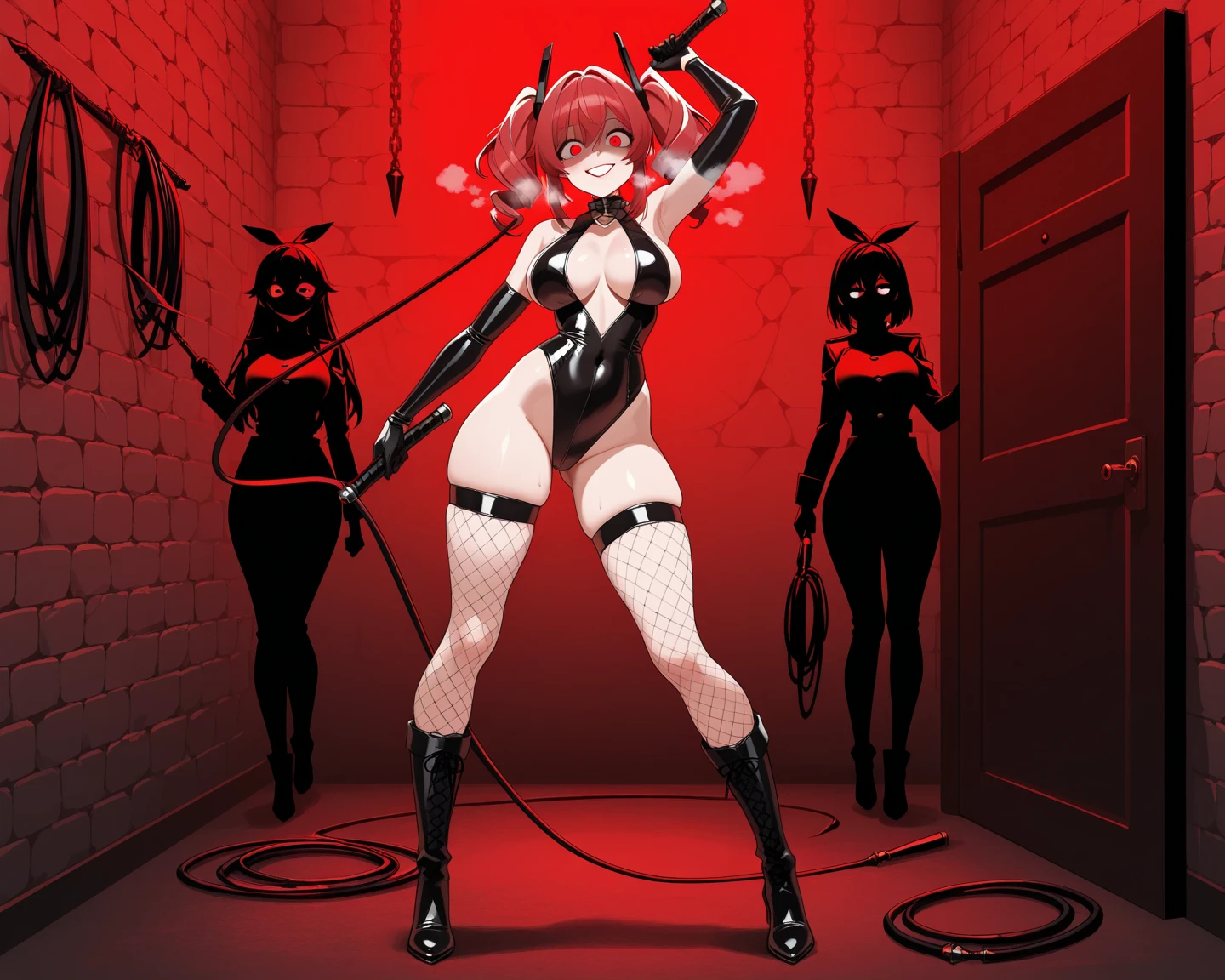 dominatrix in dungeon looking sexy with whips with a chest filed with toys
safe for work, dark, sexy