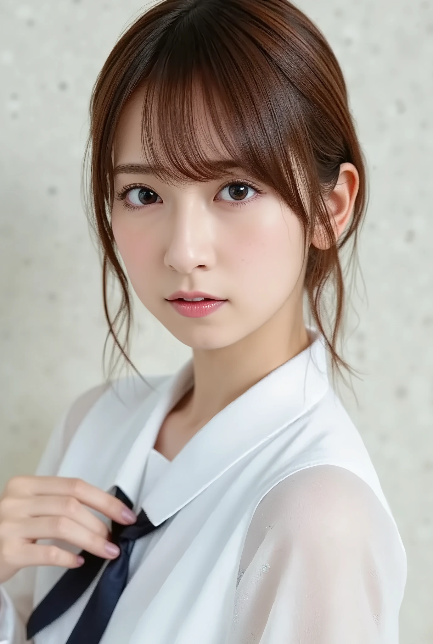 (( best quality)), (( masterpiece)), full body visible、 age 、Super slender beauty、delicate body、A uniform that looks like a high school、shortcuts、Beautiful woman half Japanese and German