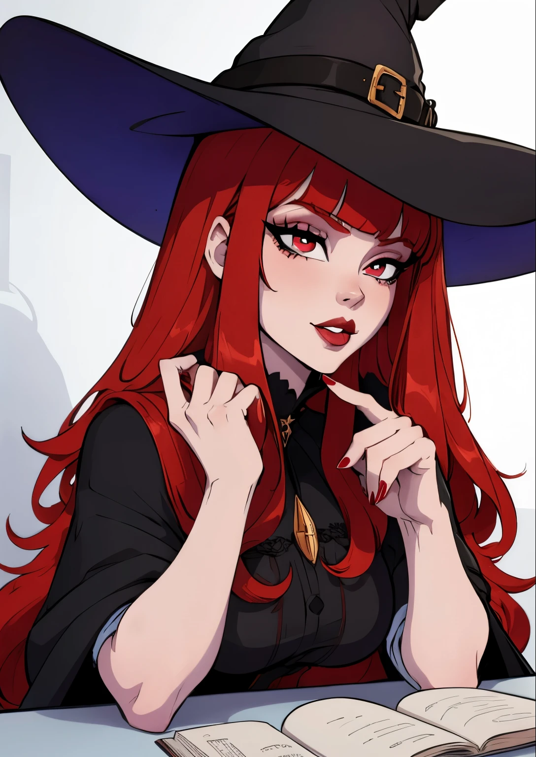 Young witch smiling angrily upward HAS one hand secretly and is doing magic without the person in front realizing it, while she is pointing at him with the other hand and staring at him. It has red and black outtif. animated