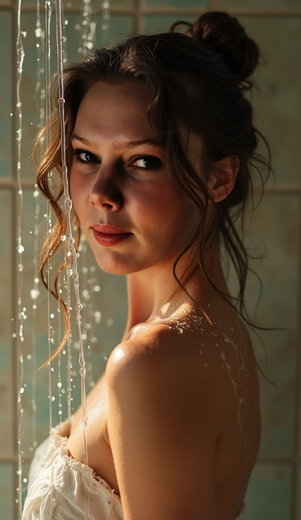 Hermione Granger, naked, in the shower, dramatic light, deep shadows, "resolution": "8K, ultra-detailed", (full length), no posing