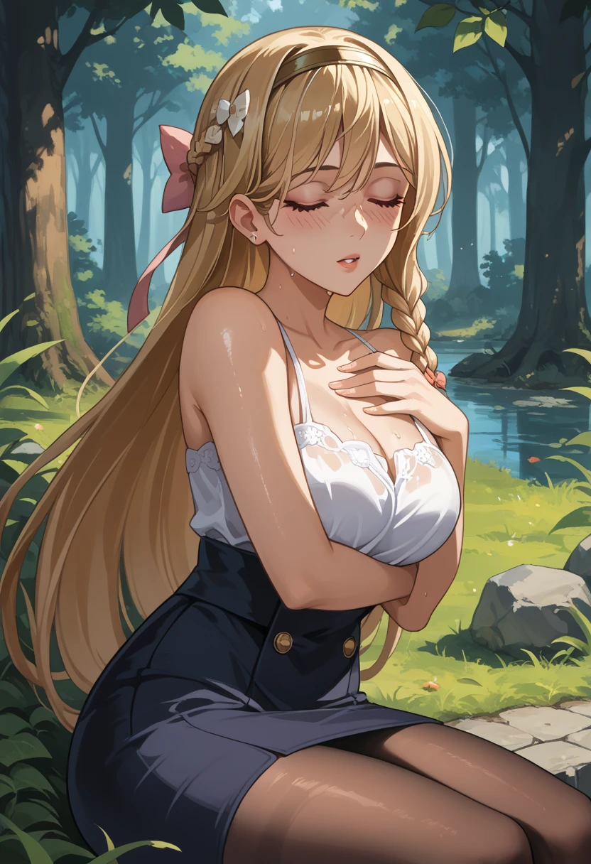 Highest quality, masterpiece, girl, cute, Lewd,forrest, Long Hair, forrestBase, Knee socks, nakedの肩, jewelry, No sleeve, White Dress, Long black skirt, gloves, knight , Cape, On the ground, White underwear, Shaved, The skirt is flipped up, The genitals are visible, The genitals are visible, not,naked, Leg spread, The dick is in the,Having sex,Eyes closed,Mouth open, Dildo, Being fucked by a dick, Stuck in pussy,My pussy is wet,Semen in pussy, Are standing, Standing, 虫の形をしたDildo,Clothes are off,Sperm in,マンコにDildo,Inserting dick into pussy,One nipple is visible,The wind flips up my skirt
