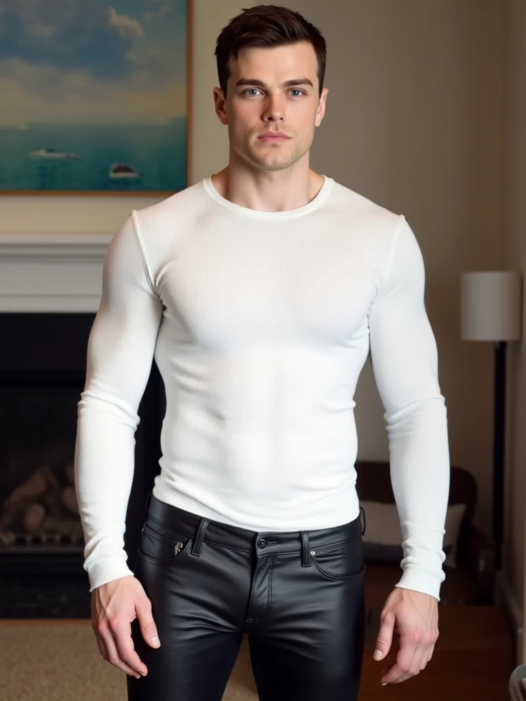Nico Greetham, ((masterpiece)), ((best quality:1.2)), High Resolution, 8k, full body portrait, (ultra_realistic:1.3), (photorealistic:1.4), sharp focus, 1boy, (perfect face), wide angle, handsome, (((wearing a tight fitted black compression singlet:1.3))), ((t-shirt sleeves tight around his big biceps:1.3), (white shorts:1.3), standing in the doorway, serious expression, ((looking at viewer++)), defined body, blue eyes, pushed back blonde hair, broad shoulders, toned body, natural lighting, 4k uhd, dslr, soft lighting, high quality, ((looking at viewer:1.3)),