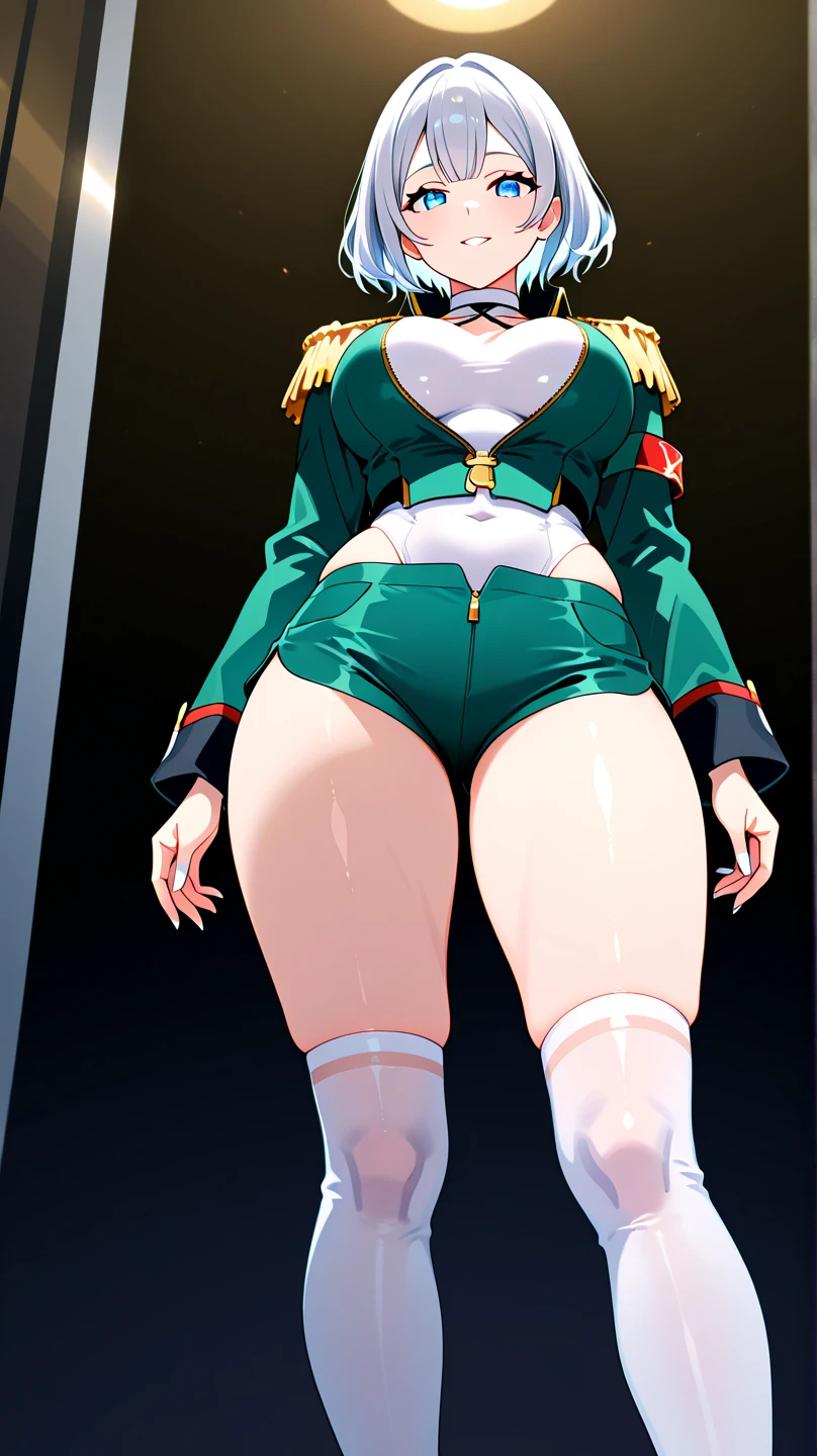 Here’s a description of a general-of-army-inspired outfit for Orihime Inoue, showcasing her navel and bare feet with detailed focus on those areas:

Orihime commands authority in a powerful, army-inspired outfit, blending military strength with her natural grace. She wears a cropped, fitted military jacket in a deep olive green, with gold epaulets on her shoulders and intricate brass buttons along the front. The jacket is sharply tailored to hug her form, leaving her navel fully exposed as the cropped hem stops just above her waist. The exposed midriff is both commanding and feminine, with her smooth skin accentuated by the sharp lines of the jacket. The soft fabric slightly clings to the curves of her waist, highlighting the gentle dip of her navel, which is showcased as a focal point of the design.

Her bottoms are a pair of high-waisted military-style shorts in a matching olive green, fitted at the waist with a thick, sturdy belt adorned with a brass buckle. The shorts have a utilitarian design with large, functional pockets, and the hem falls just above her thighs. The high-waisted cut allows her navel to remain visible, giving the outfit a bold, rebellious feel. Orihime’s bare feet are entirely visible, with her toes painted in a deep metallic gold that contrasts with the earthy tones of the outfit. Her feet are positioned gracefully, with her toes slightly spread, showing off the natural arch and curve of her feet. The exposed arches and delicate lines of her feet stand out against the powerful, structured design of her military attire, balancing toughness with femininity.

To complete the ensemble, Orihime wears tall, polished black boots that come to just below her knees, providing an air of military readiness while allowing her bare feet to be visible when she steps out of them. Her accessories include a stylish belt pouch and a small, sharp-looking sidearm holstered at her waist. Her hair is neatly pulled back into a tight ponytail,(orange hair)