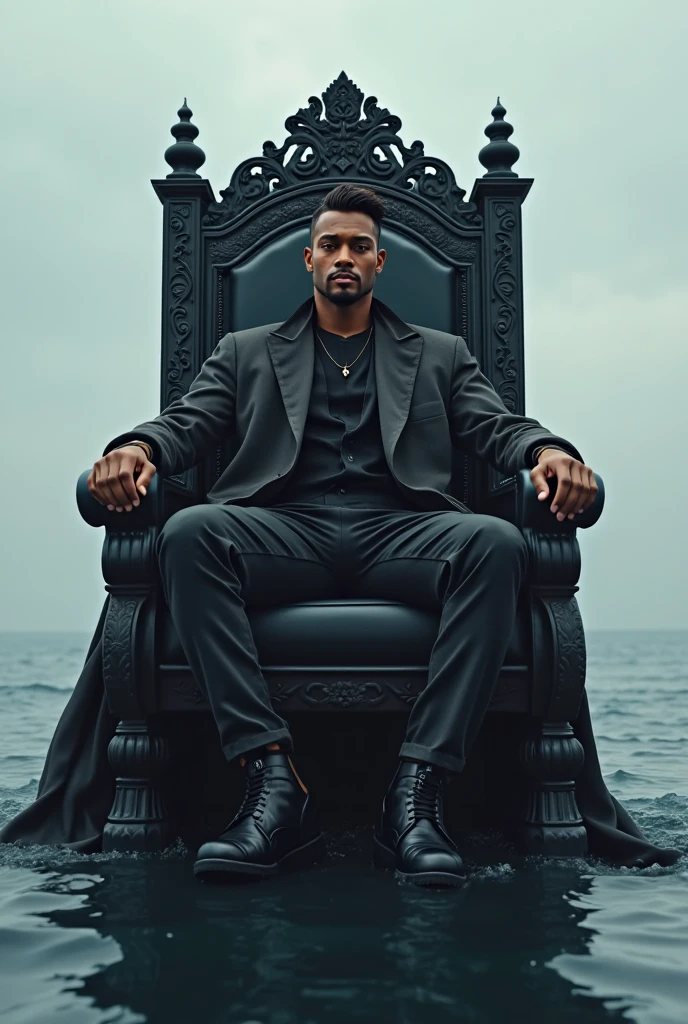 Robust man with dark skin, short hair sitting in wheelchair with gothic style