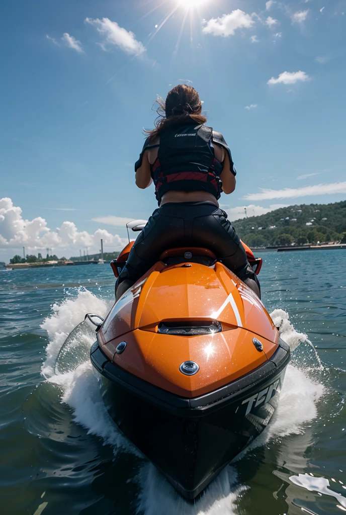 redhead woman in a bikini sitting on a jet ski, on the ocean water, on the ocean, on the sea, in the sea, on a boat, in the ocean, queen of the sea mu yanling, in the water, in the middle of the ocean!!!!!, in water up to her shoulders, ocean in the background, on a lake