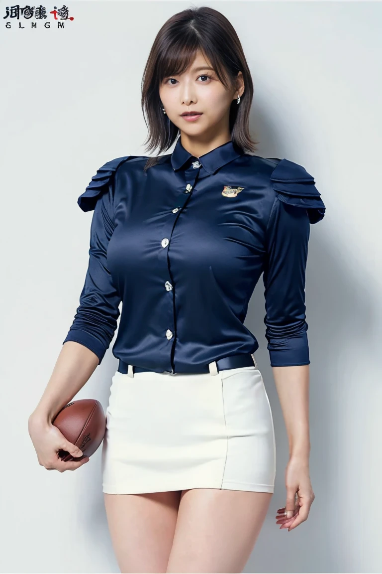 American football player woman from the front of college football、Watanabe Risa、American Football Jerseys、navy blue uniform、long sleeve shirt、football armor、American football income、Dark Theme、American football stadium、college football、NFL、from front、big breasts with 90cm bust、Impressive big breasts、Well-groomed breasts 、tall、musculoskeletal protuberance々A slim figure、bewitching atmosphere、provocative、Challenging、cool expression、TOP STARS 、Sense of luxury、High Quality、high precision、8K、masterpiece、textured skin、full body
