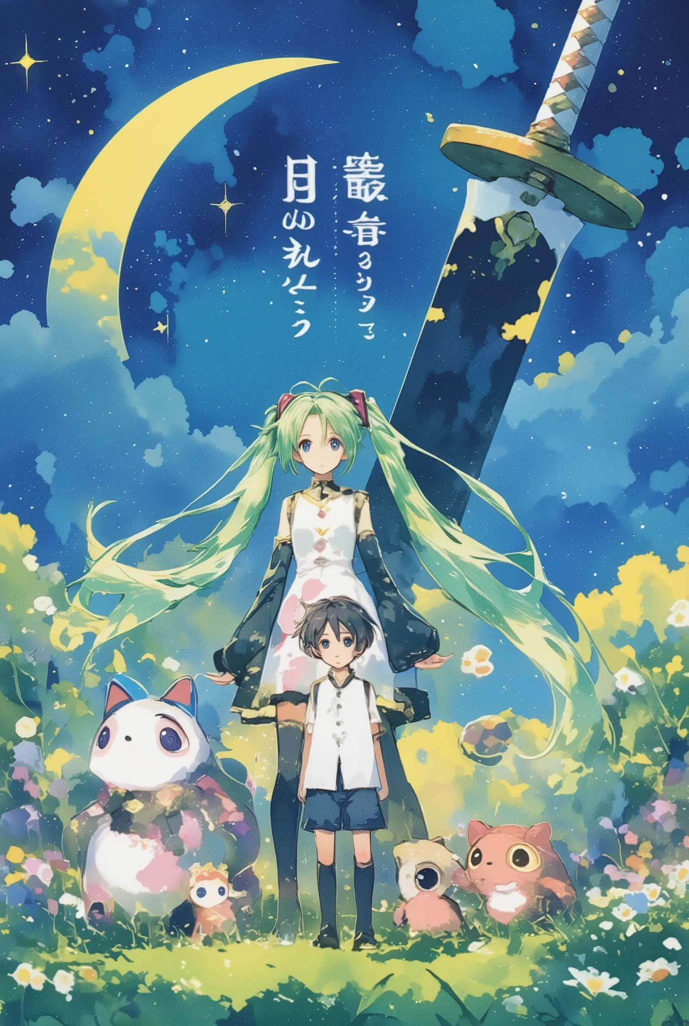 ( masterpiece、 best quality、 best quality、、  beautiful beautiful  :1.2)  Hatsune Miku、light green twin tails, beautiful breasts,storybook pages, watercolor illustrations, young characters by Hayashi Akiko, Cute Style, Japanese text at the top,  handwritten font , soft pastel colors, Exquisite composition, break, pretty girl with toy animals by Hayashi Akiko and a very young boy,  big moon with samurai sword  , in the middle of the night , Many stars, storybook cover style, 子供のPicture book style, soft watercolor illustrations, fine brushwork, pastel color palette,  Beatrix Potter , 林明子による, storybook cover style, charming and innocent atmosphere, perspective from a high eye level、Picture book style