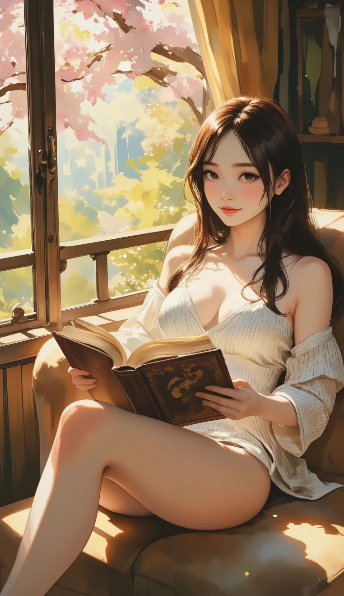 Woman, brown hair, blue eyes, full body, white shirt, black skirt, ballerina flat shoes, huge chest, sitting on wooden chair, table, tea cup, books, mansion, wooden floor, red carpet, window, open window, petals, butterfly, seductive, night, moon, stars, smile, happy, High detail, Cinematic scene, Highest image quality, (8K), Ultra-realistic, Best Quality, High quality, High Definition, high quality texture, high detailing, Beautiful detailed, fine detailed, extremely details CG, Detailed texture, realistic representation of face, masterpiece, presence, Dynamic, Bold