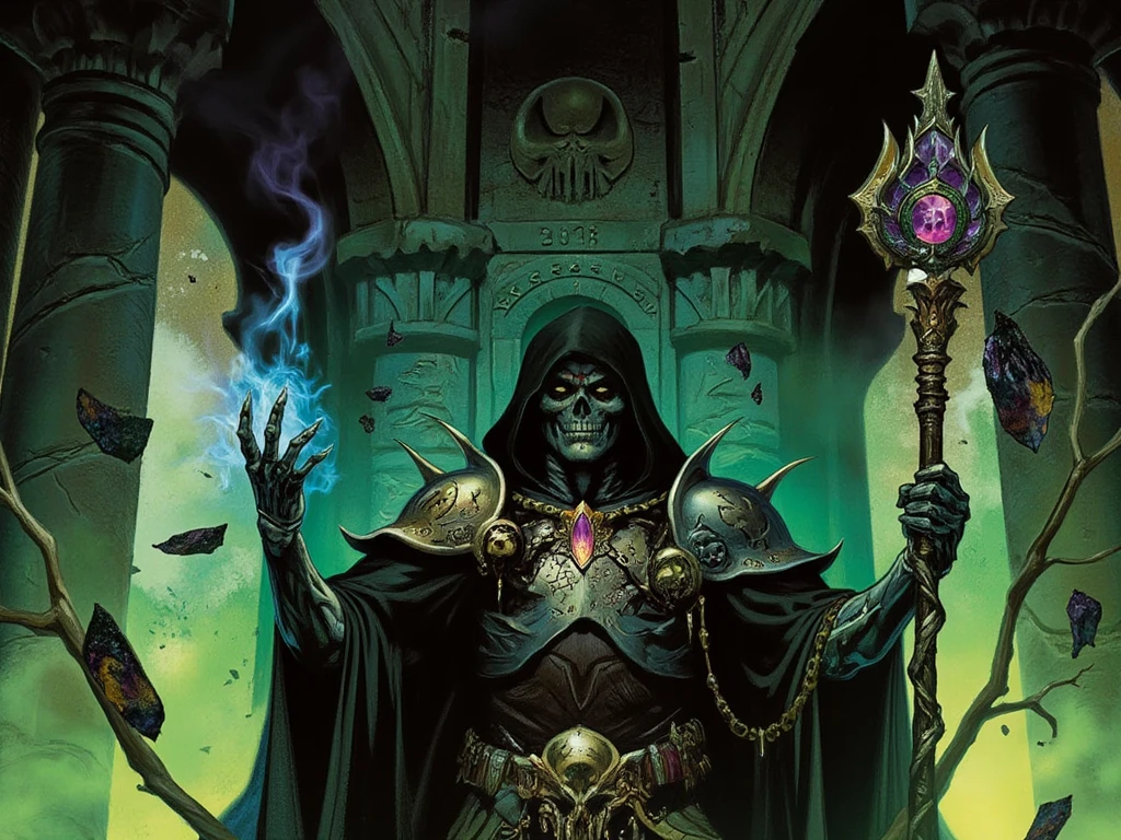 An imposing and unique lich, marked by unmistakable characteristics of its power and history. He wears a black cloak adorned with glowing runes that float and mute in an, that seems to pulsate with living arcane energy. Her shoulders are protected by ornate armor made of bones carved with grotesque motifs, , highlighting the scene skulls and finely crafted claws. Her skeletal face is covered by a matte silver mask engraved with ancient symbols, a fragment of the crown that he had in life, but cracked in a memory of his fall.
tattoos on her chest, rests a sinister amulet made of obsidian and amber, in which small souls seem to twitch, eternally captured in torment. Your right hand carries a staff made of a twisted trunk, topped by a pulsating purple crystal, surrounded by smoke ethereal that never dissipates. behind his back , a fragment of a dimensional portal floats like a permanent scar from an unsuccessful ritual, emitting a blue-green energy.
The lich is located in a vast underground chamber, shape with tall stone arches decorated with carvings intricate and forbidden relics. Phantasmagorical flames float around him, illuminating the green and blue spectral tones, creating a contrast that highlights the macabre details of its appearance. An aura of desperation and grandeur hangs around you, making it impossible to look away from this figure of absolute and decadent power.